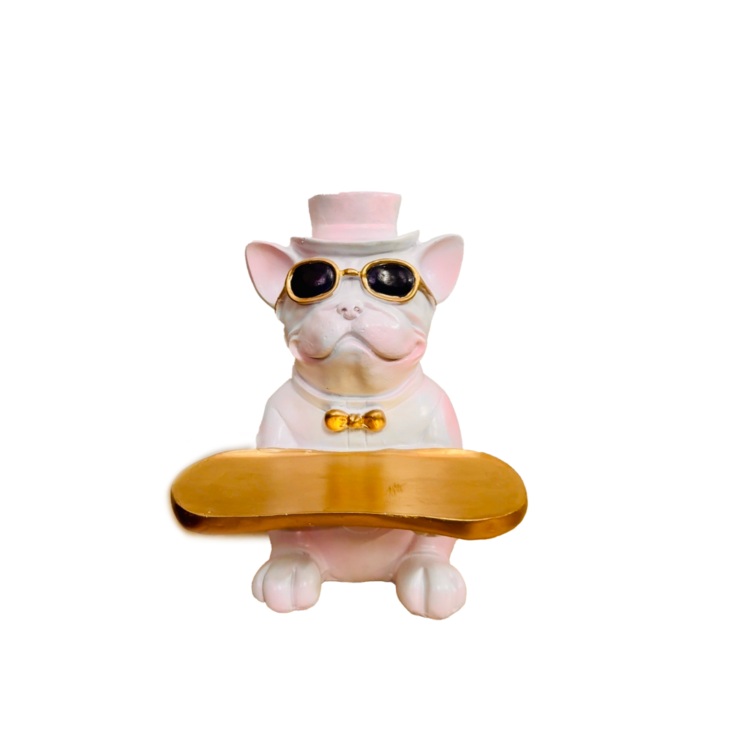 Manifested Decor Decorative French Bulldog Figurine, Gold Accents, Top Hat and Sunglasses, with Golden Tray