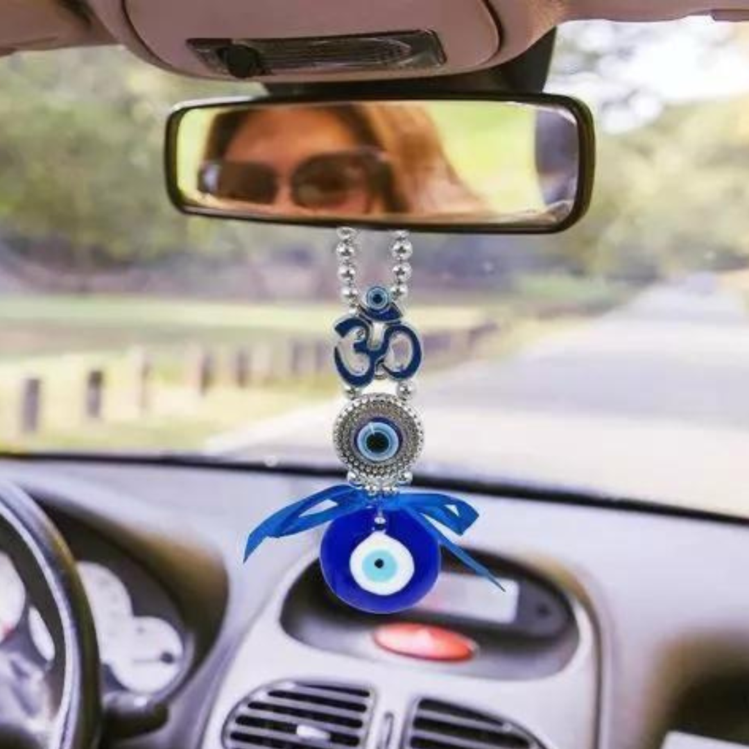 Manifested Decor OM Evil Eye Hanging for Car & Office – Vastu & Feng Shui Good Luck Charm | Glass Hanging for Protection & Positivity (1 Pc)