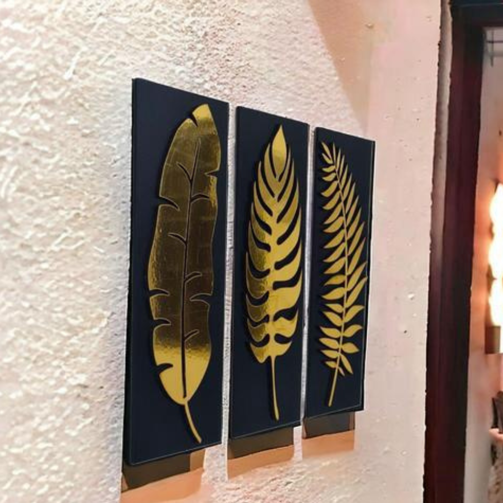 Manifested Decor Gold Leaf Wall Art | Set of 3 Metal Wall Hanging, Modern Wall Art Home Decor, Decoration for Living Room Office Bedroom Hotel