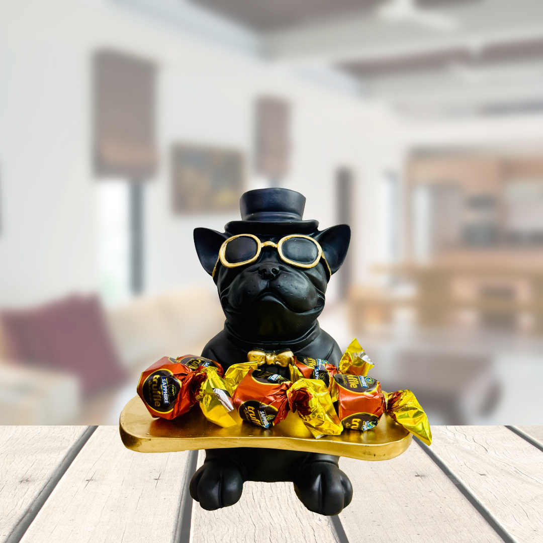 Manifested Decor Decorative French Bulldog Figurine, Gold Accents, Top Hat and Sunglasses, with Golden Tray