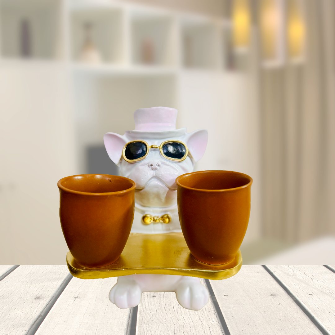 Manifested Decor Decorative French Bulldog Figurine, Gold Accents, Top Hat and Sunglasses, with Golden Tray