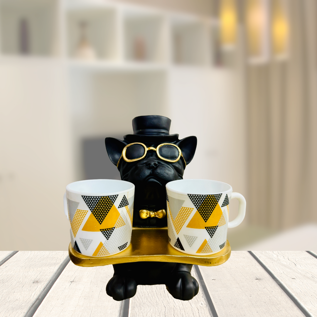 Manifested Decor Decorative French Bulldog Figurine, Gold Accents, Top Hat and Sunglasses, with Golden Tray