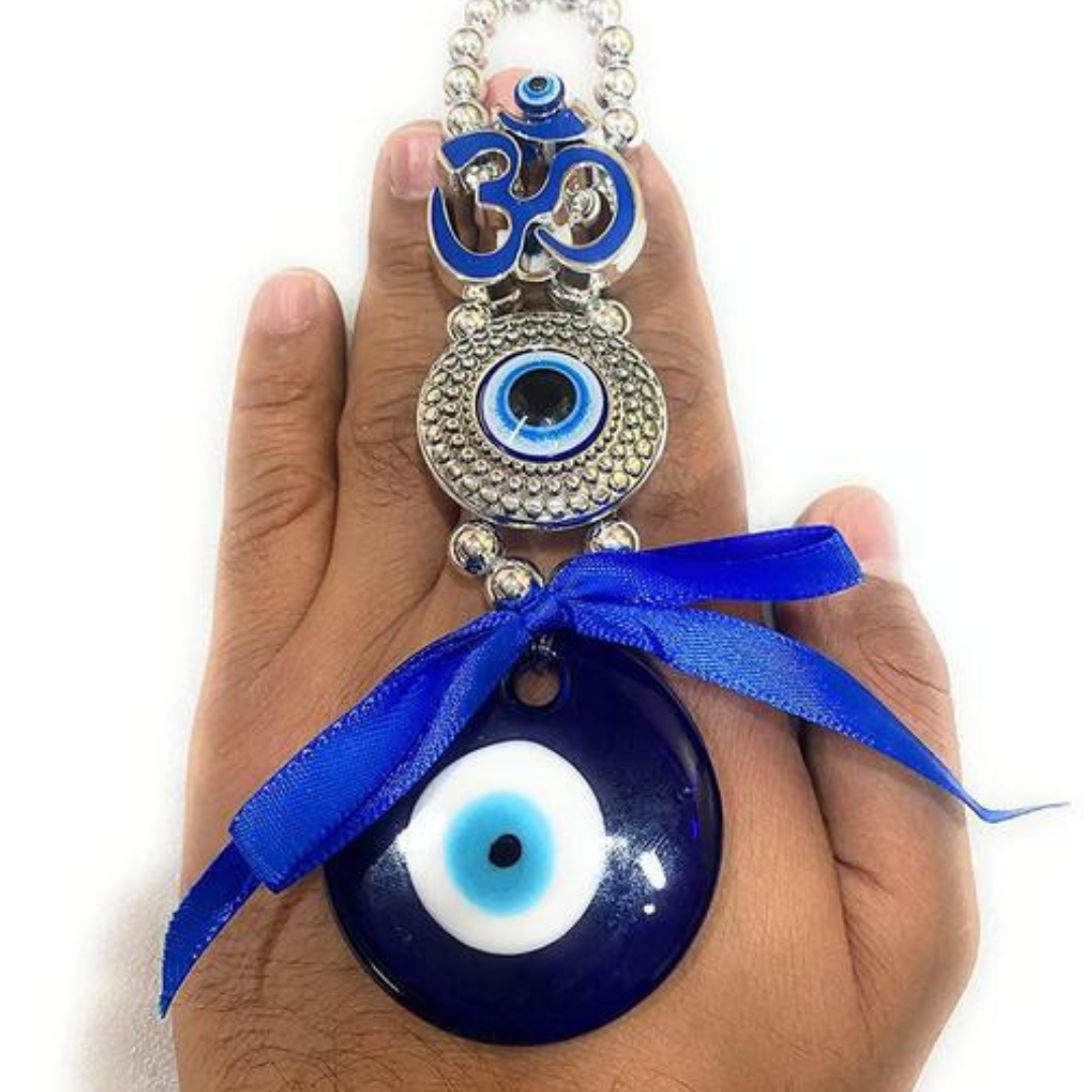 Manifested Decor OM Evil Eye Hanging for Car & Office – Vastu & Feng Shui Good Luck Charm | Glass Hanging for Protection & Positivity (1 Pc)