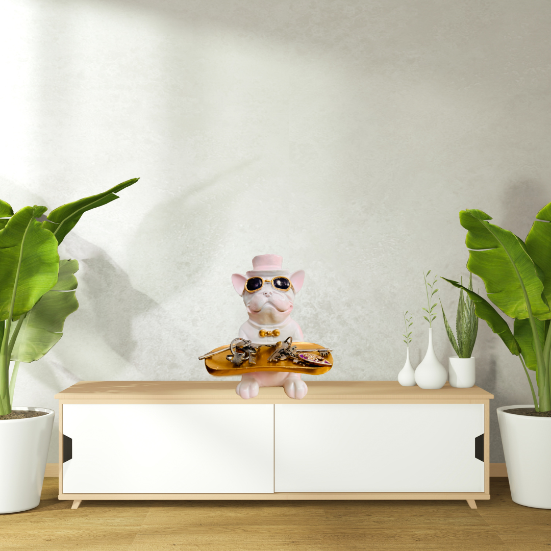 Manifested Decor Decorative French Bulldog Figurine, Gold Accents, Top Hat and Sunglasses, with Golden Tray