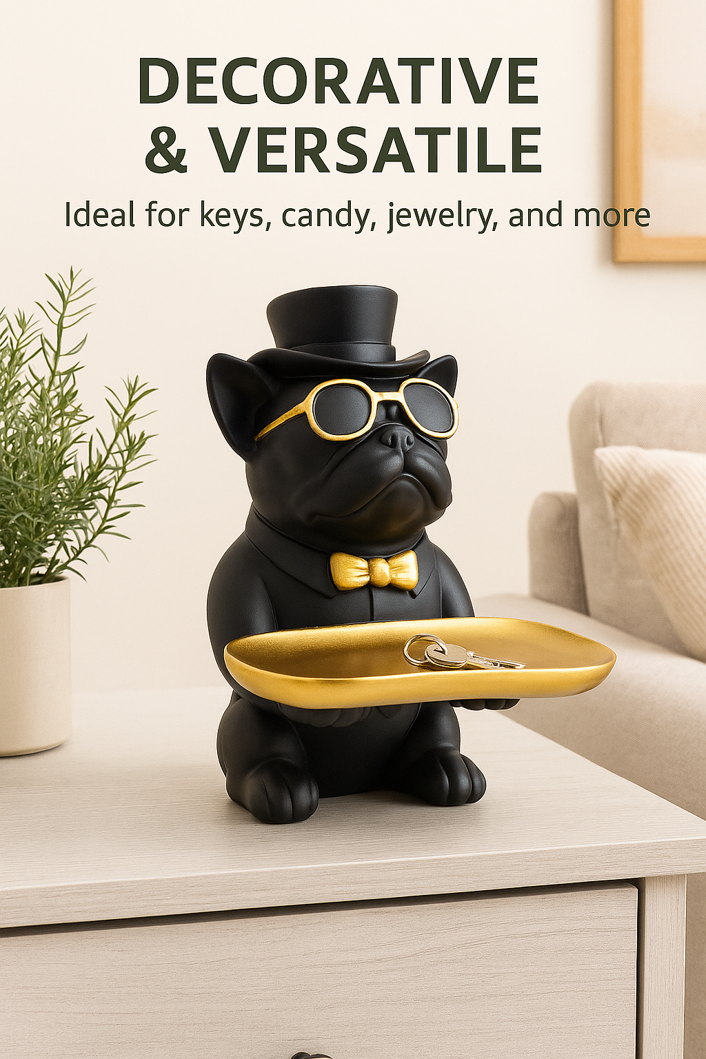 Manifested Decor Decorative French Bulldog Figurine, Gold Accents, Top Hat and Sunglasses, with Golden Tray