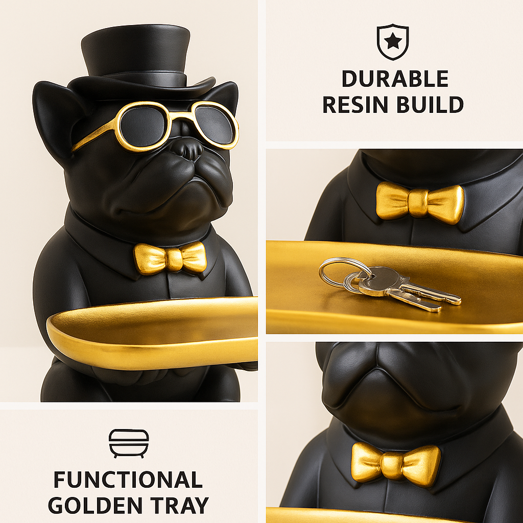 Manifested Decor Decorative French Bulldog Figurine, Gold Accents, Top Hat and Sunglasses, with Golden Tray