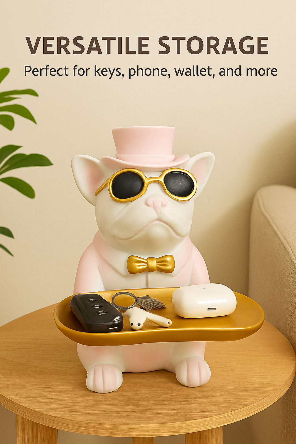 Manifested Decor Decorative French Bulldog Figurine, Gold Accents, Top Hat and Sunglasses, with Golden Tray