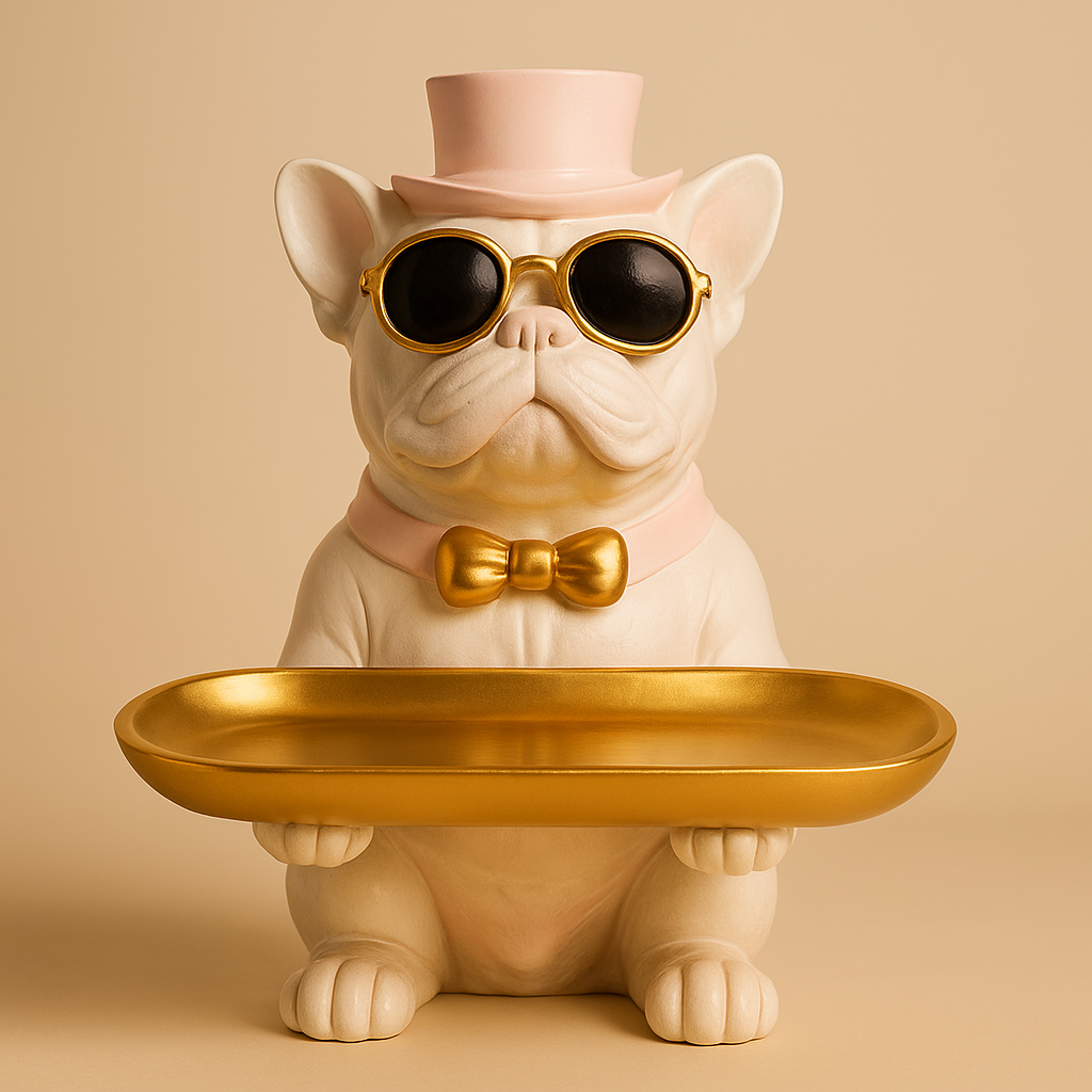 Manifested Decor Decorative French Bulldog Figurine, Gold Accents, Top Hat and Sunglasses, with Golden Tray