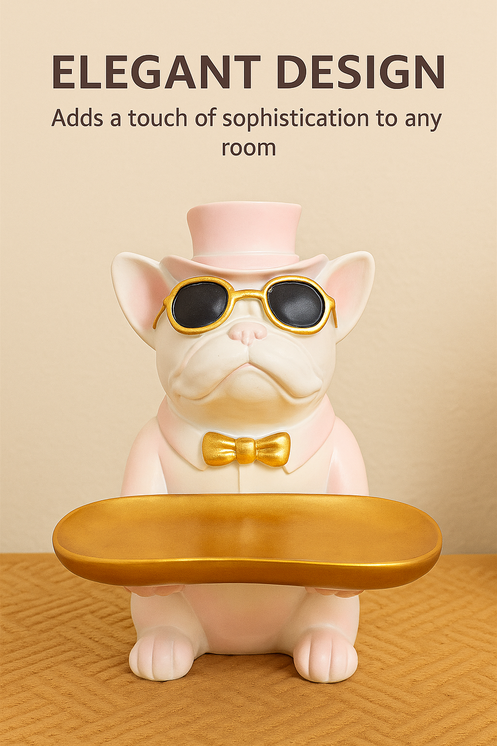 Manifested Decor Decorative French Bulldog Figurine, Gold Accents, Top Hat and Sunglasses, with Golden Tray