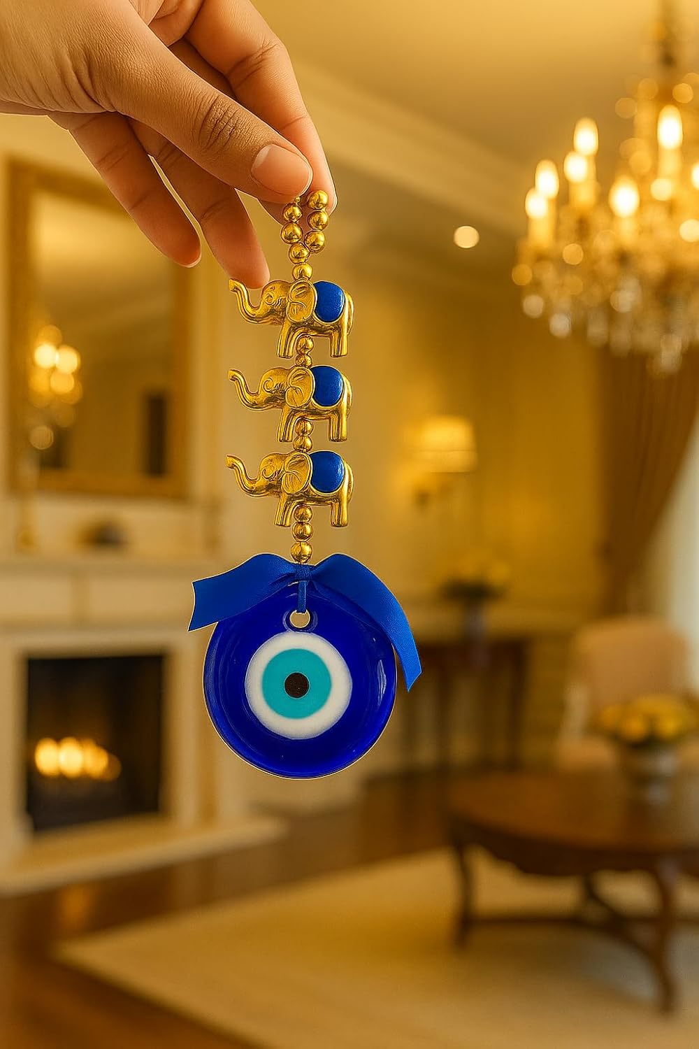 Evil Eye Wall Hanging with Gold Elephant Charm, Blue Glass Turkish Nazar Amulet