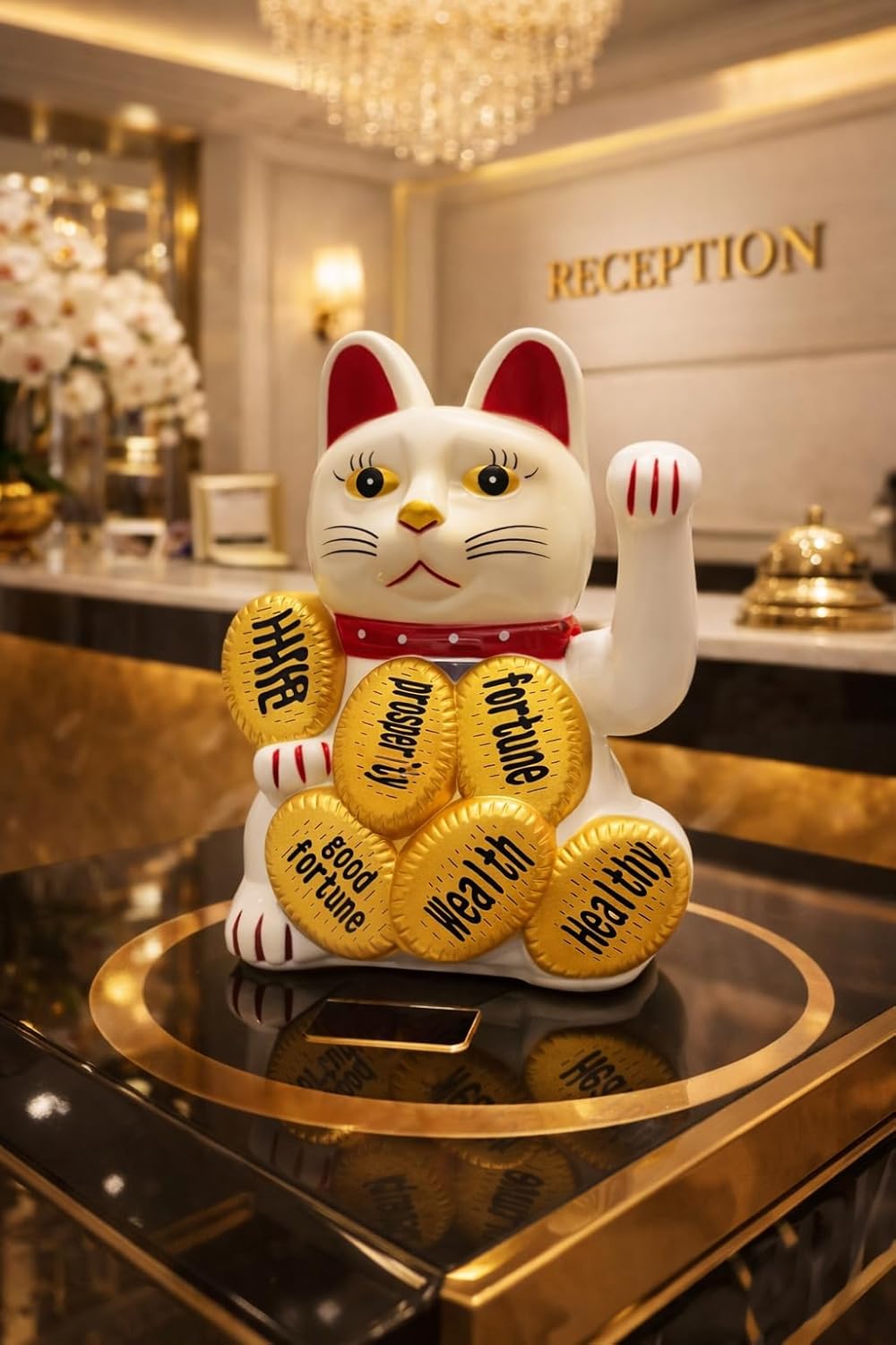 Maneki Neko Lucky Cat Figurine, White and Gold, Waving Paw, Japanese Fortune Cat