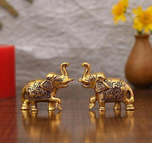 Manifested Decor Premium Gold Metal Elephant Figurines - 2-Piece Showpiece Set for Home Decor, Office Desk, Shelf Display, and Gifting | Decorative Animal Sculptures