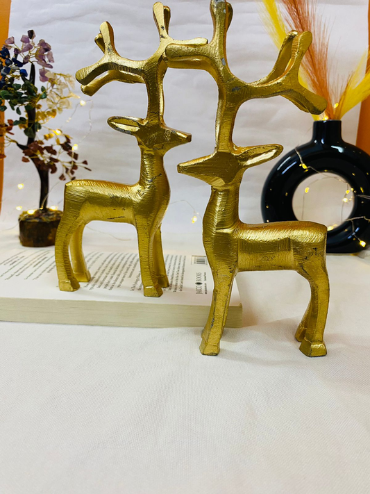 Manifested Decor Mini Metal Reindeer Statue Set - Small Cute Deer Showpieces for Home Decor | Ideal for Tabletop, Shelf, and Gifting (2-Piece Combo)
