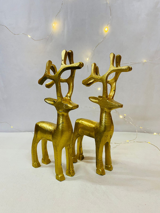 Manifested Decor Mini Metal Reindeer Statue Set - Small Cute Deer Showpieces for Home Decor | Ideal for Tabletop, Shelf, and Gifting (2-Piece Combo)