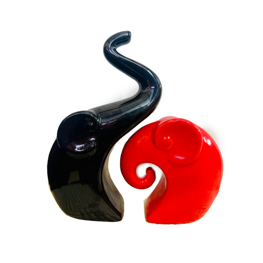 Manifested Decor Modern Decorative Elephant Couple, Piano Finish Ceramic Figure, Red and Black, Abstract Art Piece