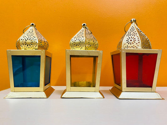 Manifested Decor Boho Moroccan Lantern, Gold Metal and Coloured Glass | Lantern Candle Holder - Gold Metal & Color Glass for Aesthetic Home Decor