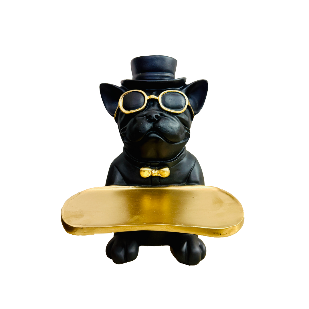 Manifested Decor Decorative French Bulldog Figurine, Gold Accents, Top Hat and Sunglasses, with Golden Tray