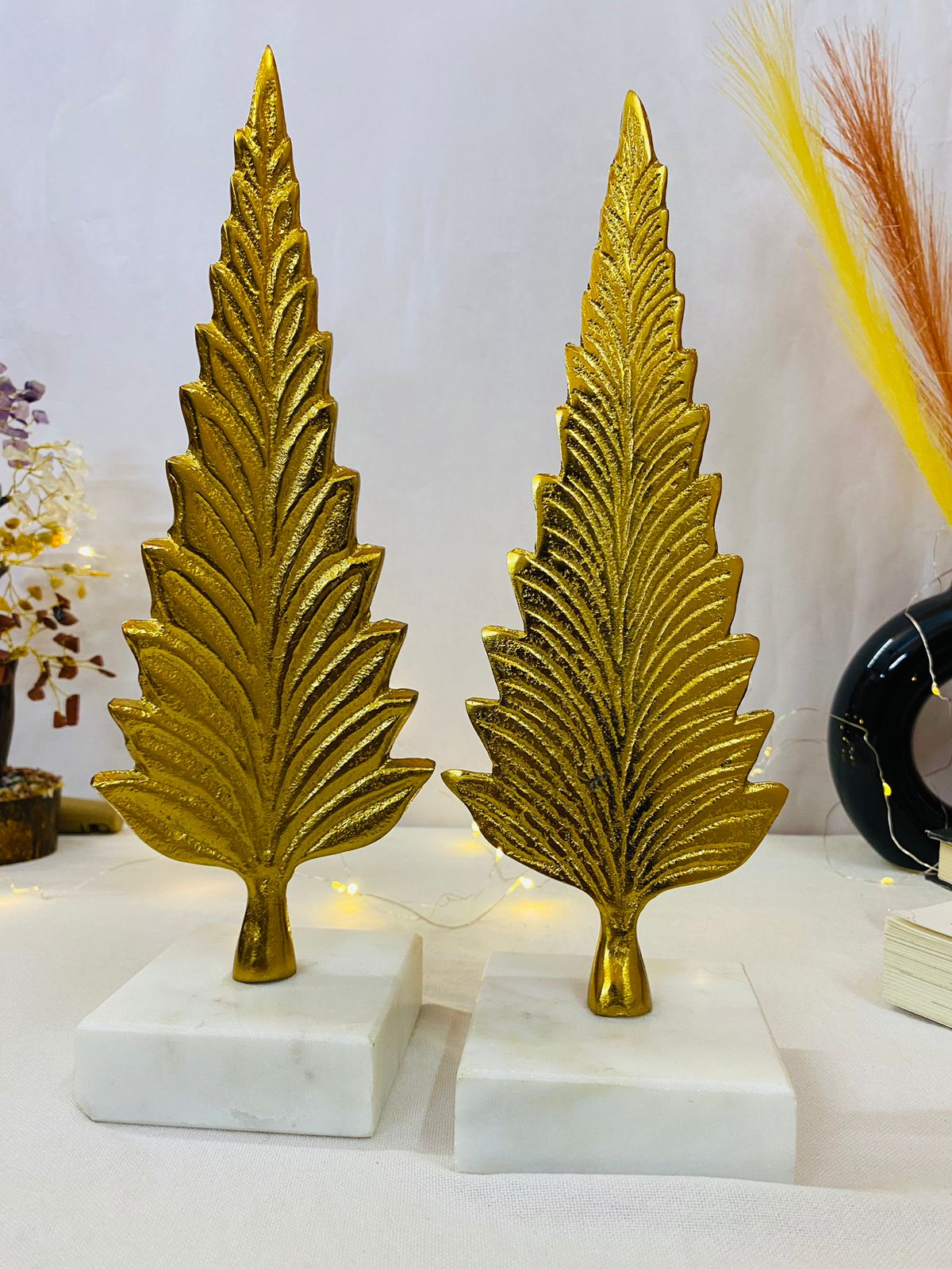 Manifested Decor - Golden Pine Tree Showpiece (Set of 2) - Sculpture for Home Decor, Living Room, Bedroom, Office, Cafe Decoration for All Occasions