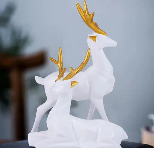 Polyresin Decorative Deer Showpiece Figurine for Home Garden Decor / Hiran Showpiece Statue Set of 2 (White, 6 Inch)