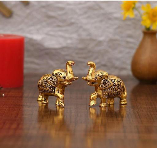 Manifested Decor Premium Gold Metal Elephant Figurines - 2-Piece Showpiece Set for Home Decor, Office Desk, Shelf Display, and Gifting | Decorative Animal Sculptures