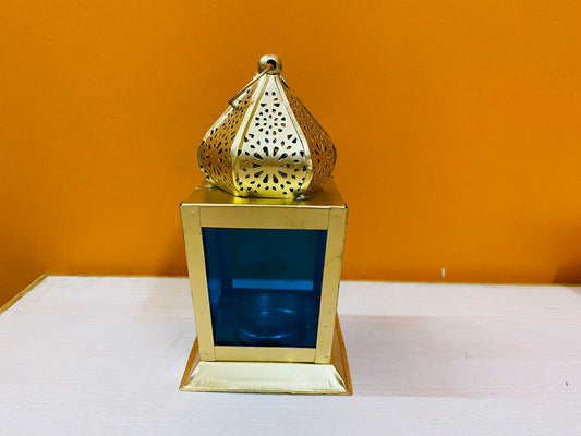 Manifested Decor Boho Moroccan Lantern, Gold Metal and Coloured Glass | Lantern Candle Holder - Gold Metal & Color Glass for Aesthetic Home Decor