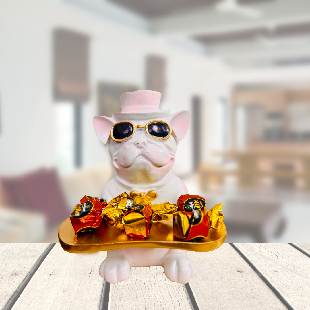 Manifested Decor Decorative French Bulldog Figurine, Gold Accents, Top Hat and Sunglasses, with Golden Tray