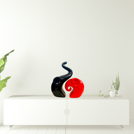 Manifested Decor Modern Decorative Elephant Couple, Piano Finish Ceramic Figure, Red and Black, Abstract Art Piece