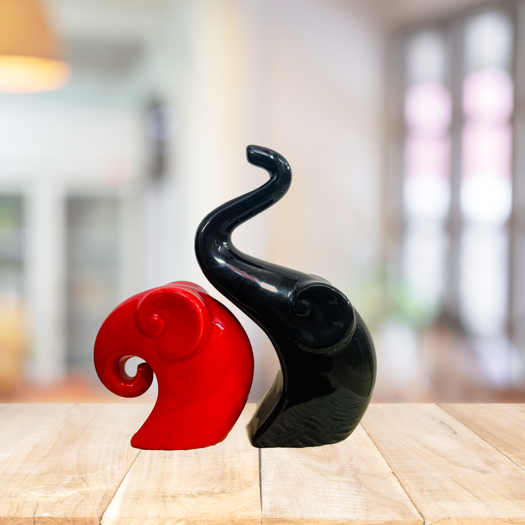 Manifested Decor Modern Decorative Elephant Couple, Piano Finish Ceramic Figure, Red and Black, Abstract Art Piece