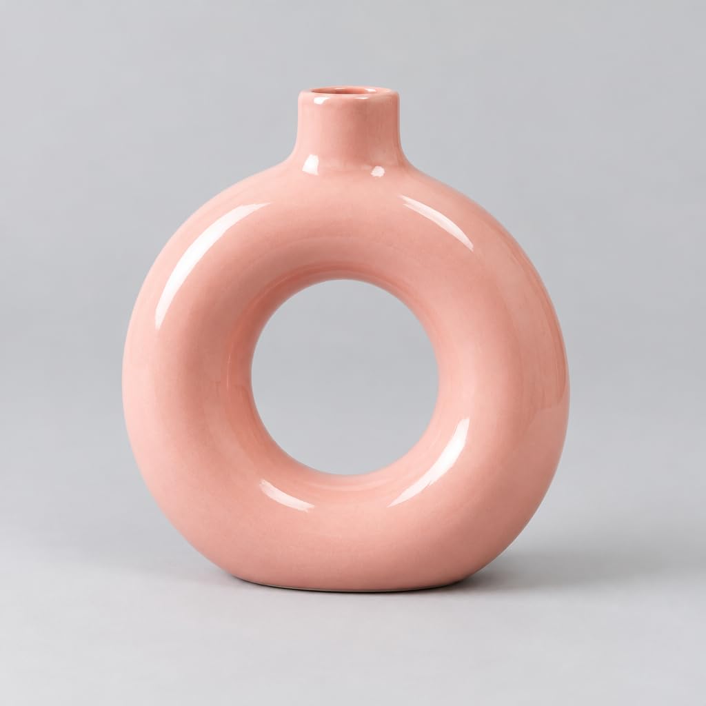 Modern Donut-Shaped Ceramic Vase, Pink – view 3