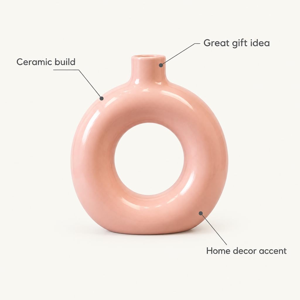 Modern Donut-Shaped Ceramic Vase, Pink – view 5