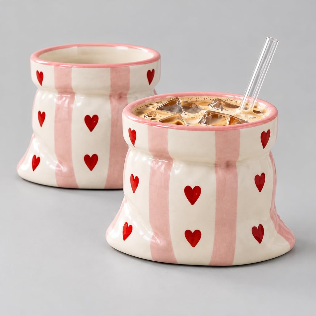 Ceramic Coffee Mug with Pink Stripes and Red Heart Print in Potli Design – view 3