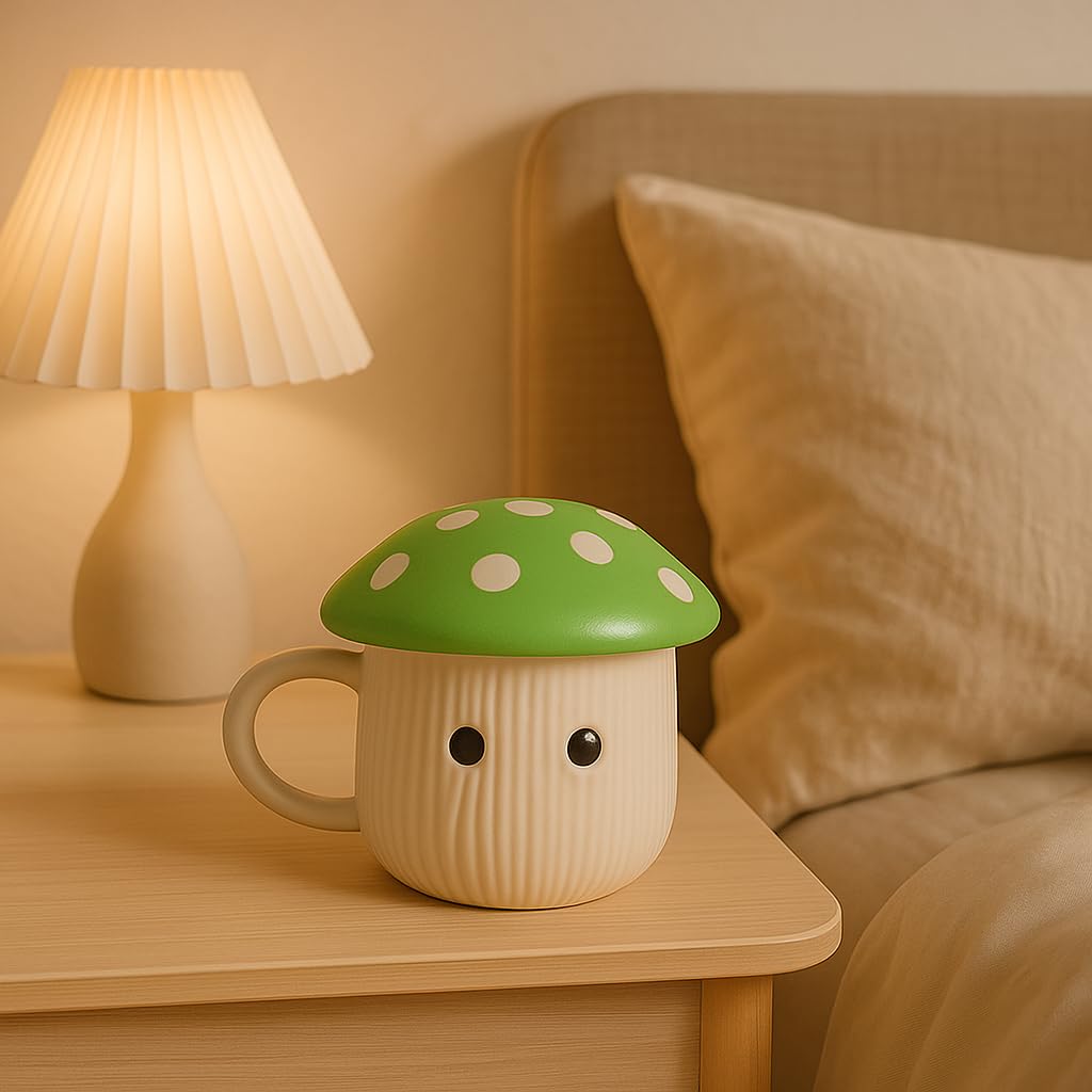 Mushroom Cute Mug with Lid, Blue Red and Cream for Home Decor (Green)