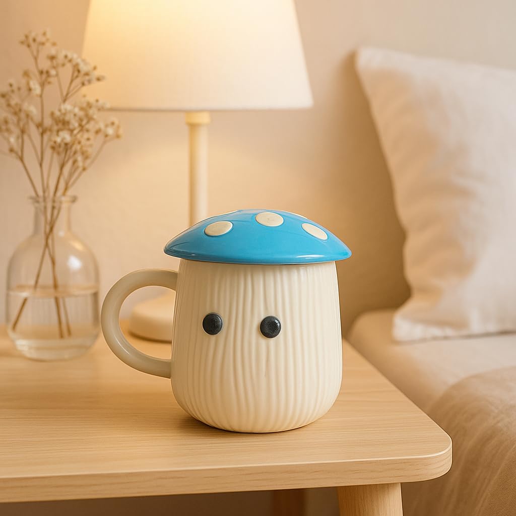 Mushroom Cute Mug with Lid, Blue Red and Cream for Home Decor (Green)