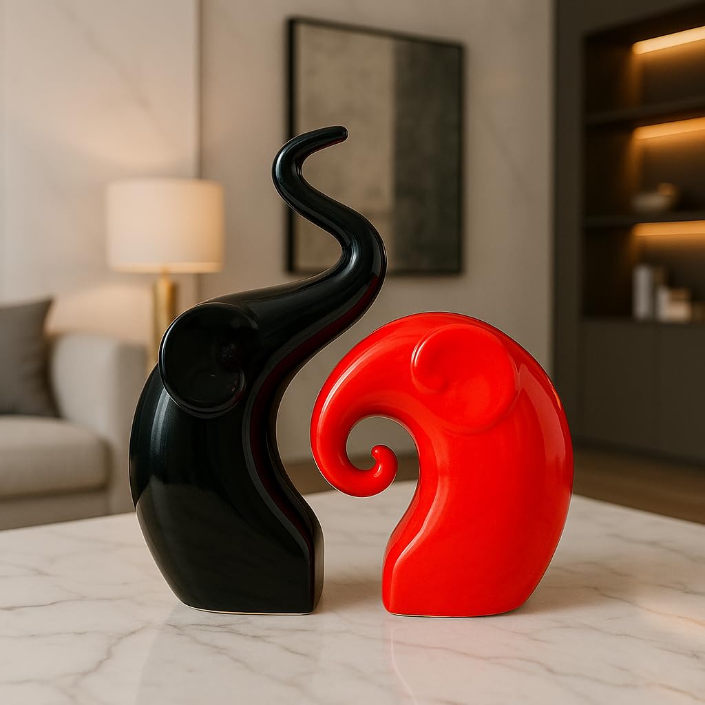 Modern Decorative Elephant Couple, Piano Finish Ceramic Figure, Red and Black, Abstract Art Piece
