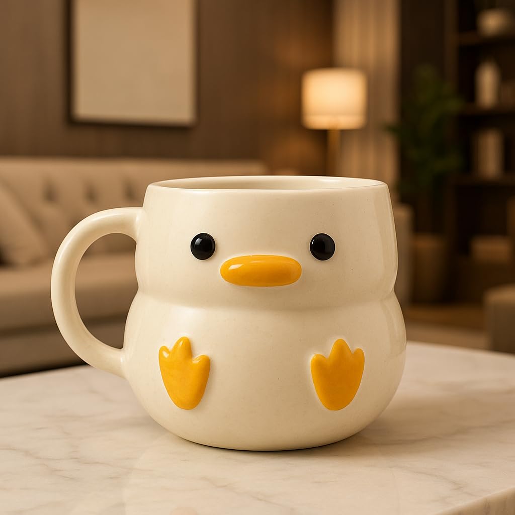 Cute Duck Design Ceramic Coffee Mug, White and Yellow, Large Size