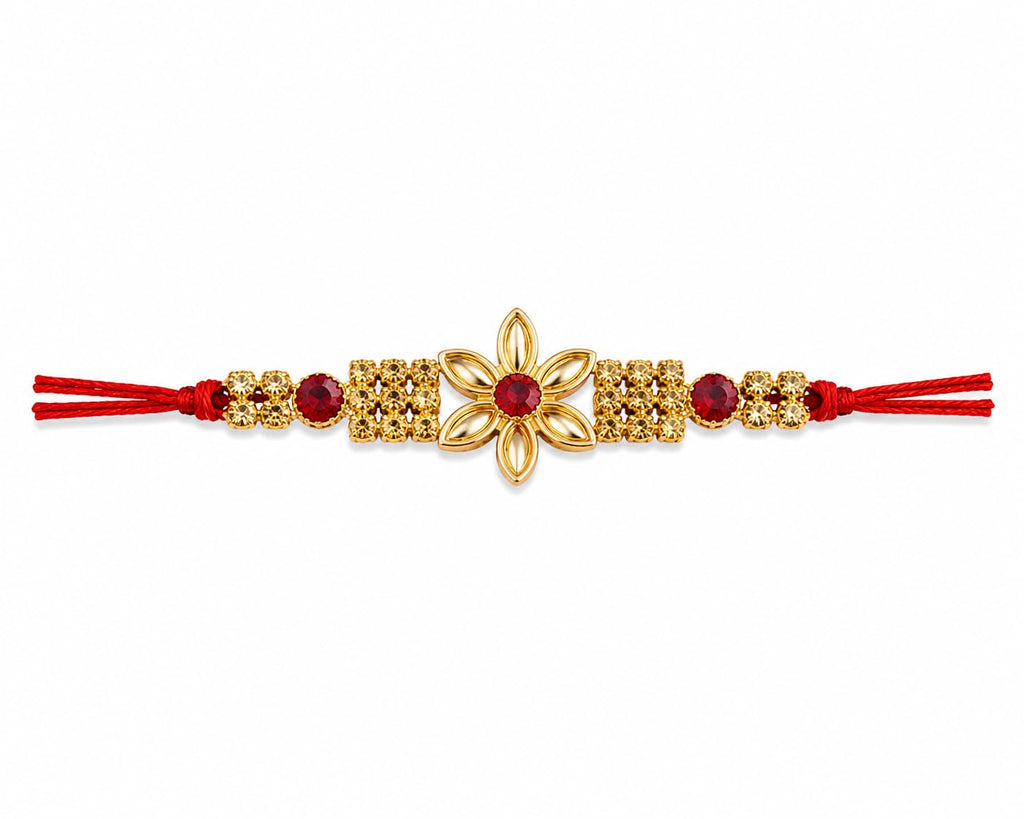 Designer Rakhi with Gold Floral Motif, Red Crystal Embellishments, Velvet Box, Rakshabandhan Gift