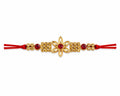 Designer Rakhi with Gold Floral Motif, Red Crystal Embellishments, Velvet Box, Rakshabandhan Gift