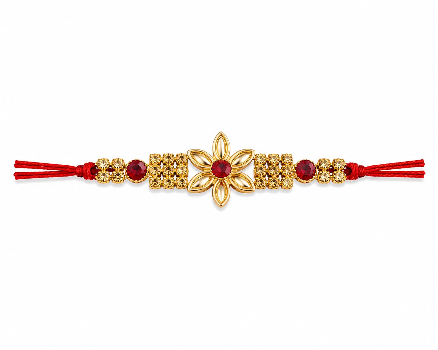Designer Rakhi with Gold Floral Motif, Red Crystal Embellishments, Velvet Box, Rakshabandhan Gift