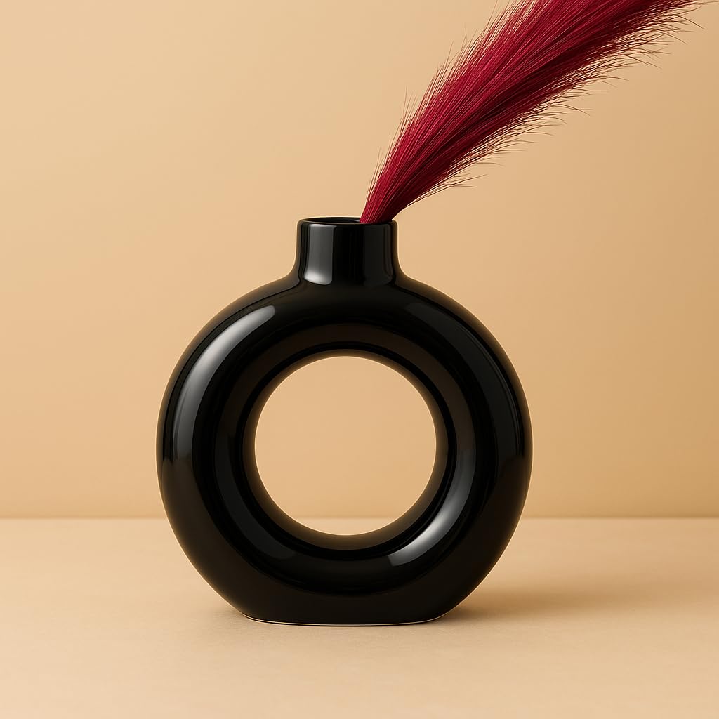 Manifested Decor - Ceramic Plain Black Donut Vase for Home Decor, Elegant Style, Perfect for Living Room, Bedroom, Office & Wedding Decoration