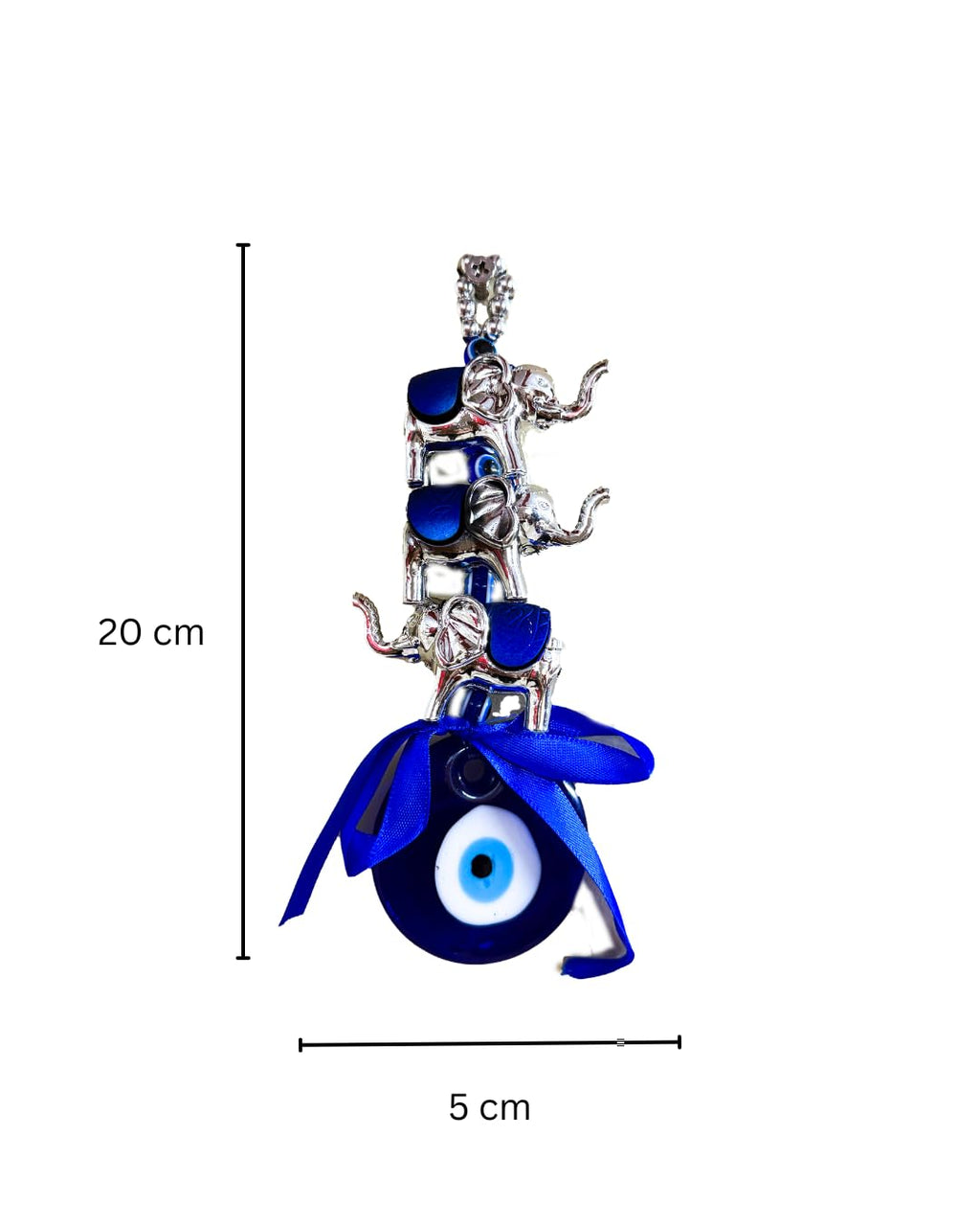 Evil Eye Elephant Wall Hanging, Blue Glass Bead with Silver Elephants, Traditional Good Luck Charm