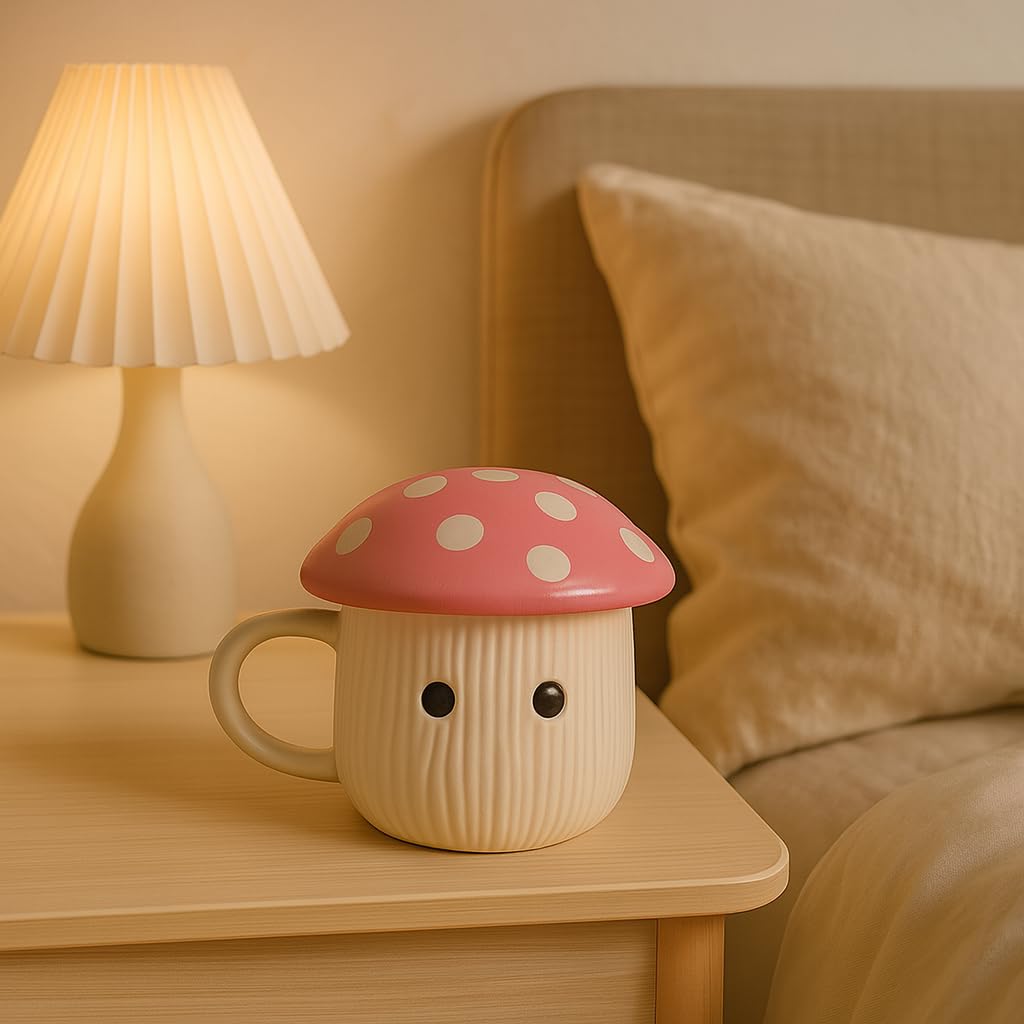Mushroom Cute Mug with Lid, Blue Red and Cream for Home Decor (Green)