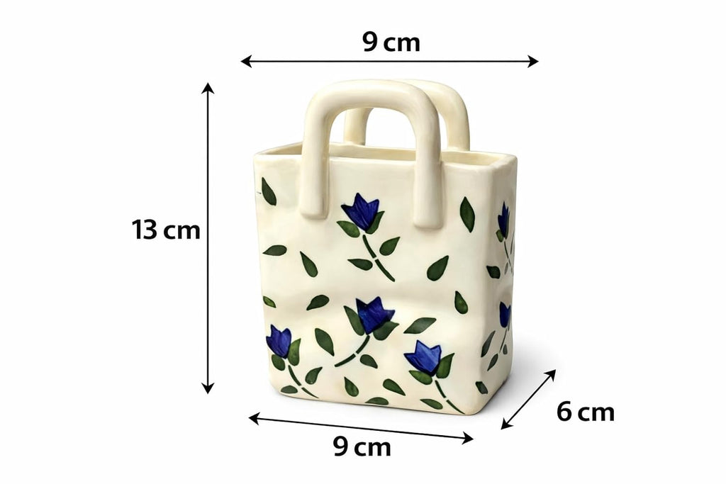 Mini Ceramic Cutlery Holder with Floral Design, Kitchen Organizer, Blue Flower Pattern