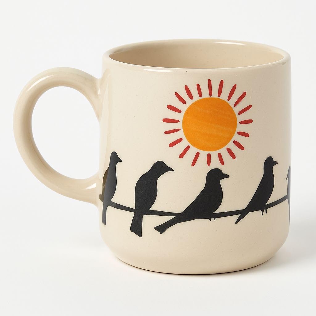 Ceramic Coffee Mug with Birds and Sun Design