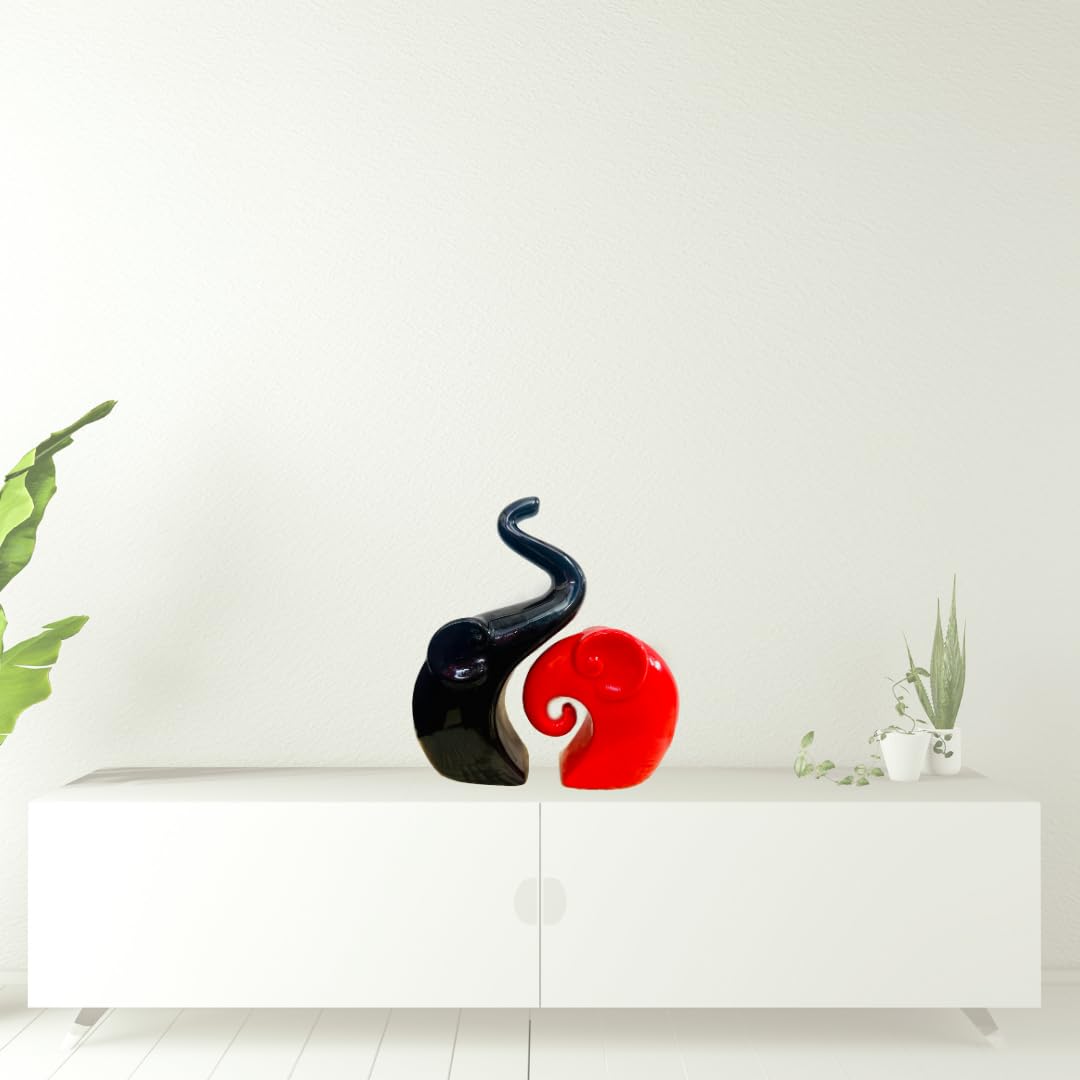 Modern Decorative Elephant Couple, Piano Finish Ceramic Figure, Red and Black, Abstract Art Piece