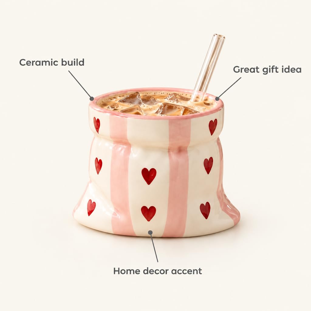 Ceramic Coffee Mug with Pink Stripes and Red Heart Print in Potli Design – view 5