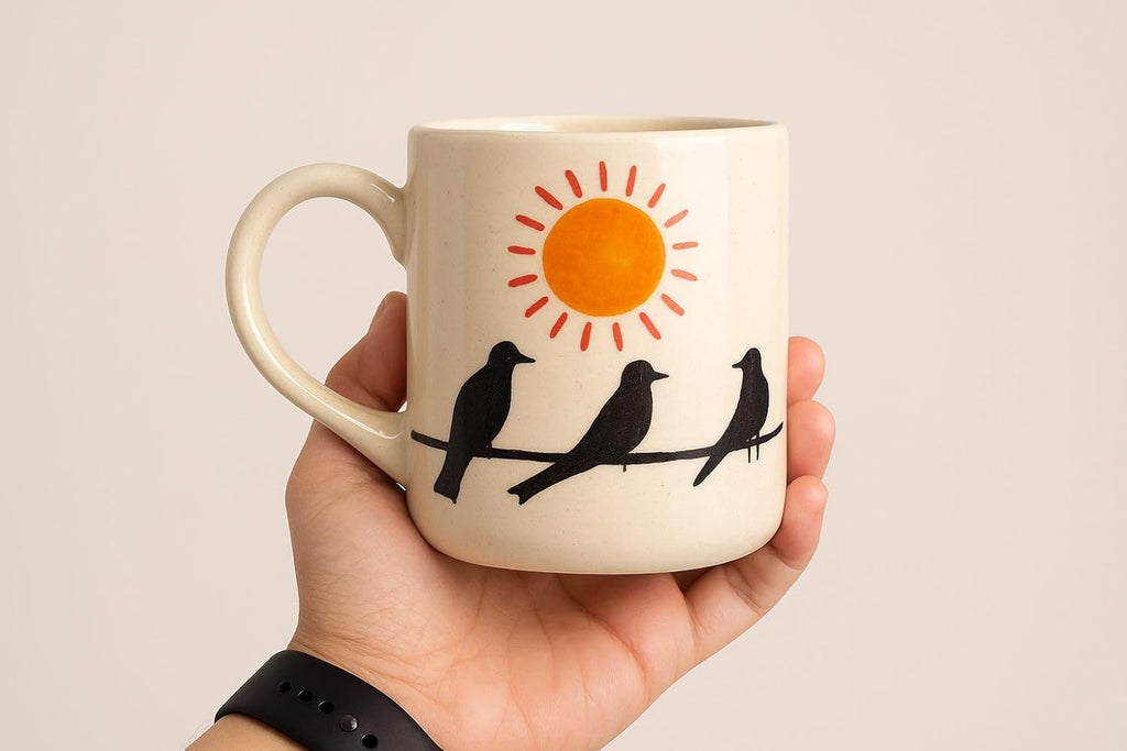 Ceramic Coffee Mug with Birds and Sun Design – view 3