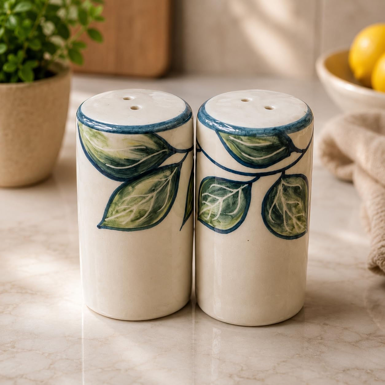 Ceramic Salt and Pepper Shaker Set - Cute Trendy Designs - Mushroom, Onion Garlic, Watermelon and Leaf Design (Leaf Set)