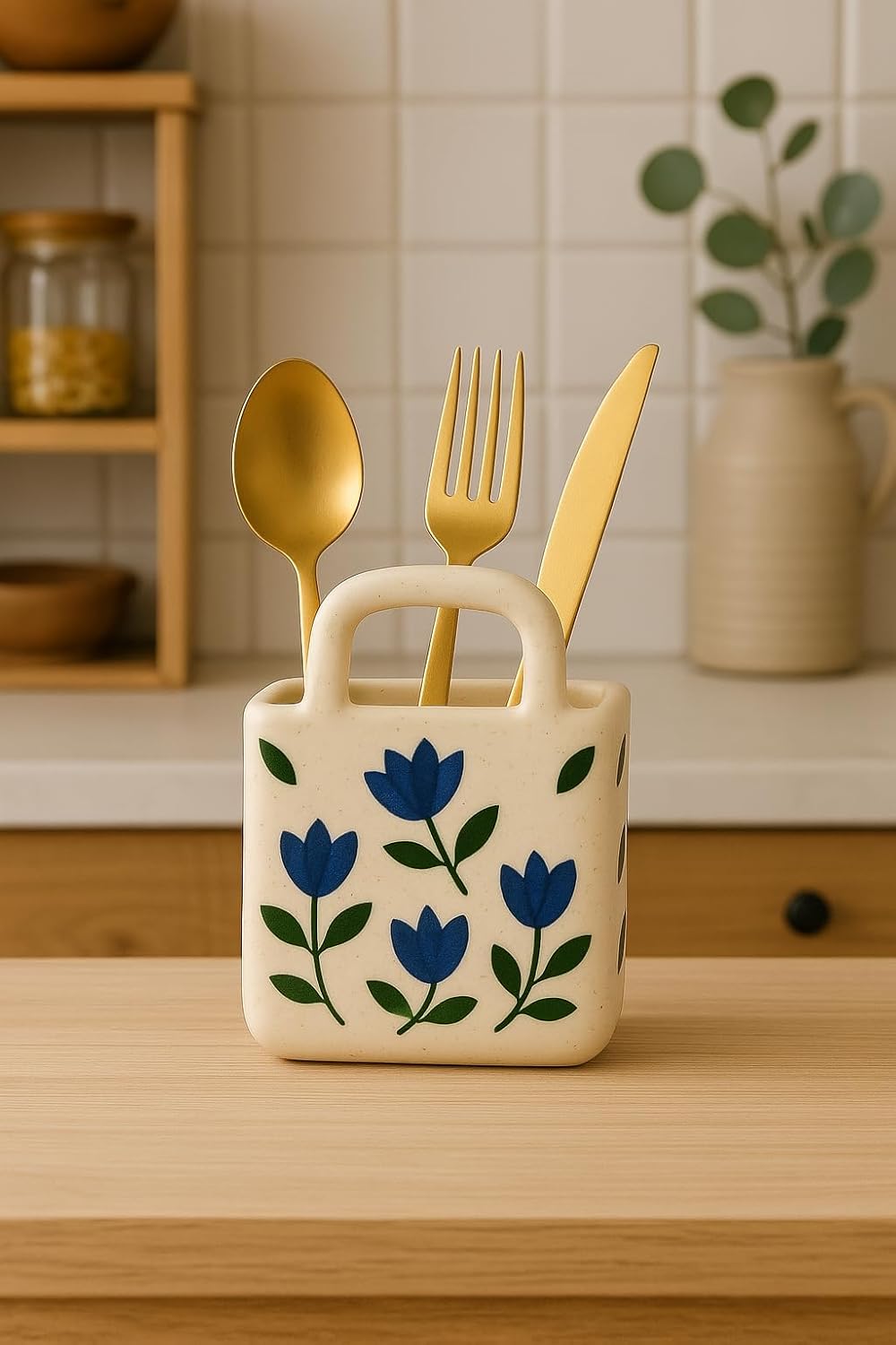 Mini Ceramic Cutlery Holder with Floral Design, Kitchen Organizer, Blue Flower Pattern