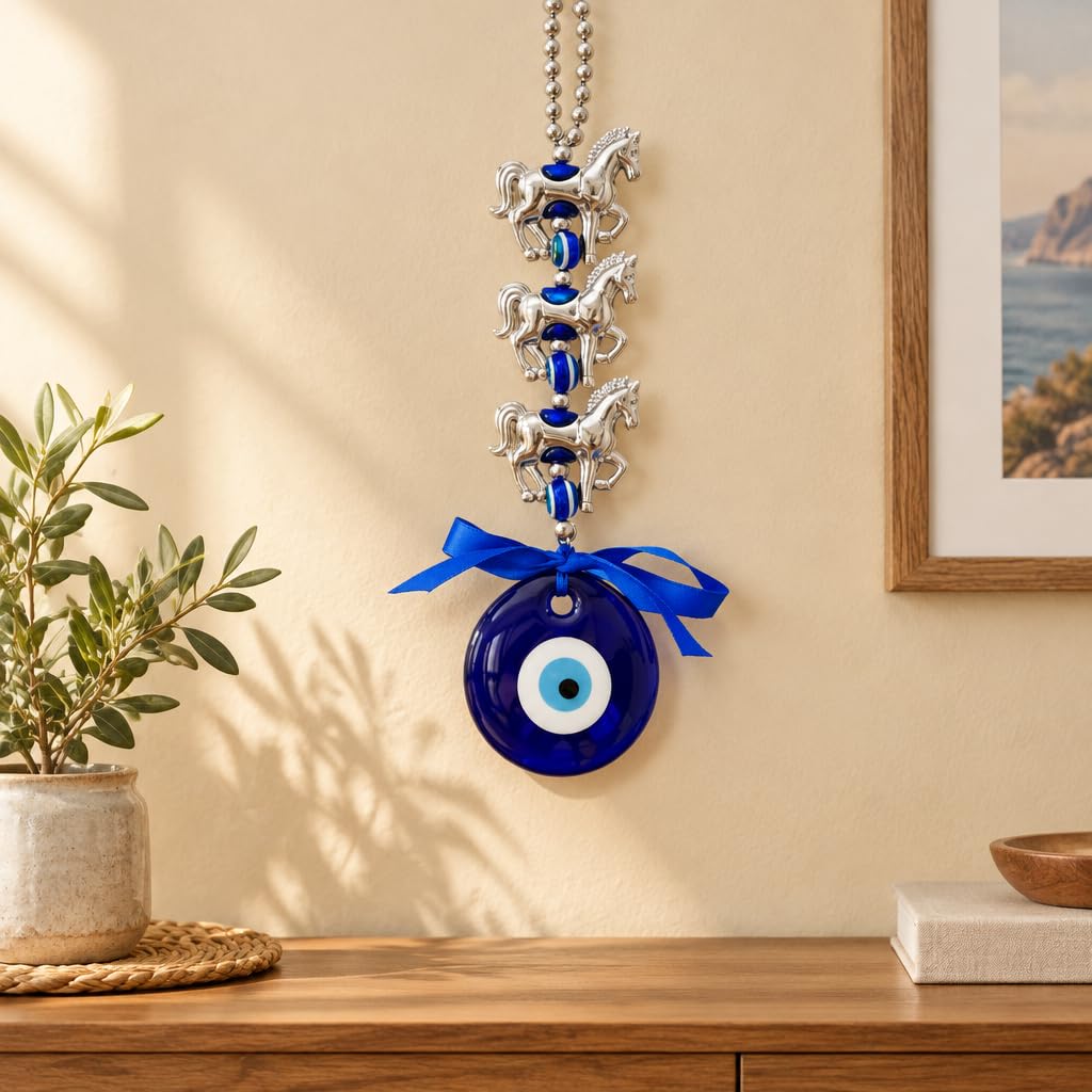 Evil Eye Wall Hanging with Silver Horses and Blue Glass Charm – view 3