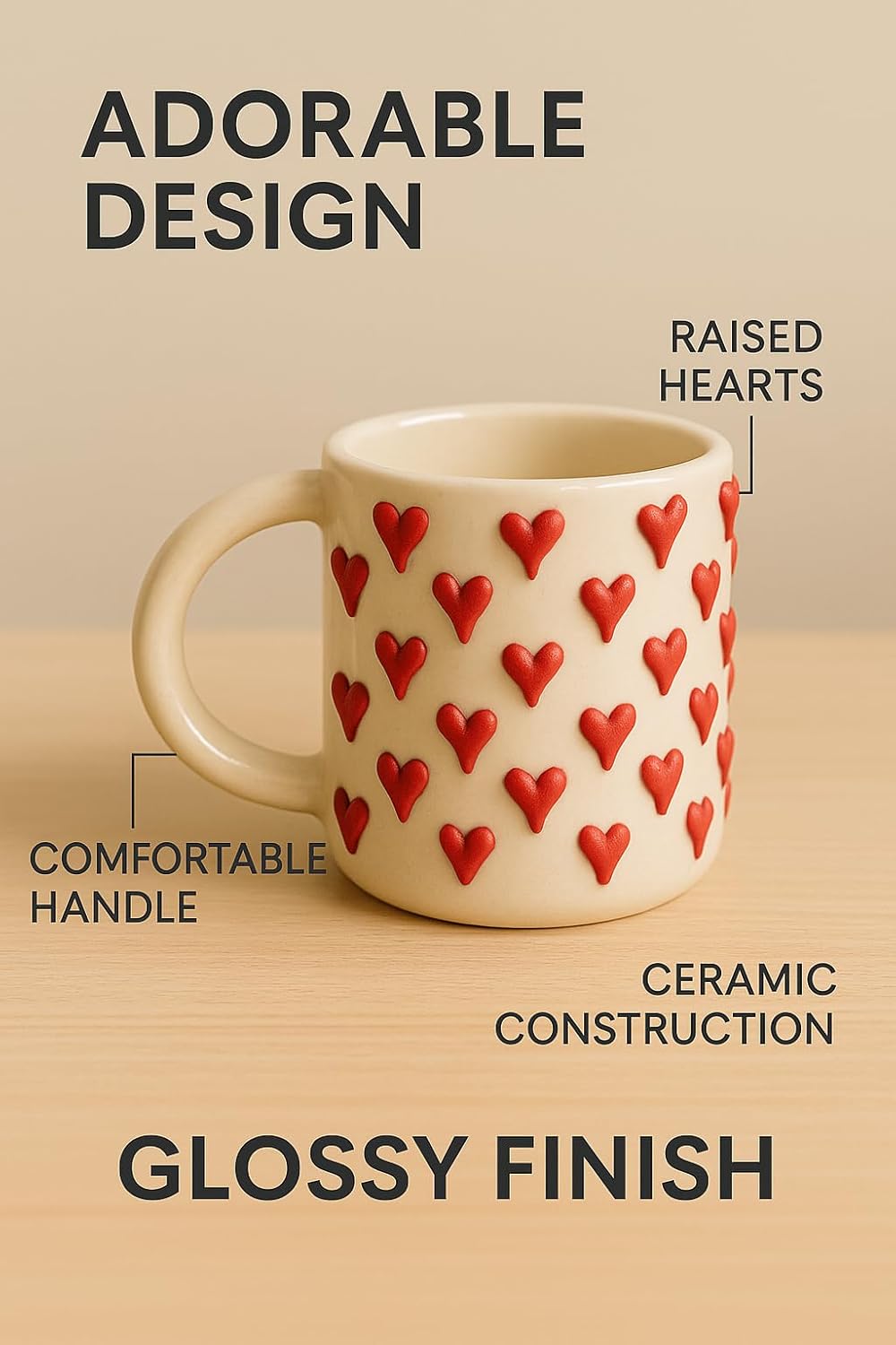 Ceramic Coffee Mug with Red Heart Pattern, White, Decorative Design, Home, Office, Cafe Decor